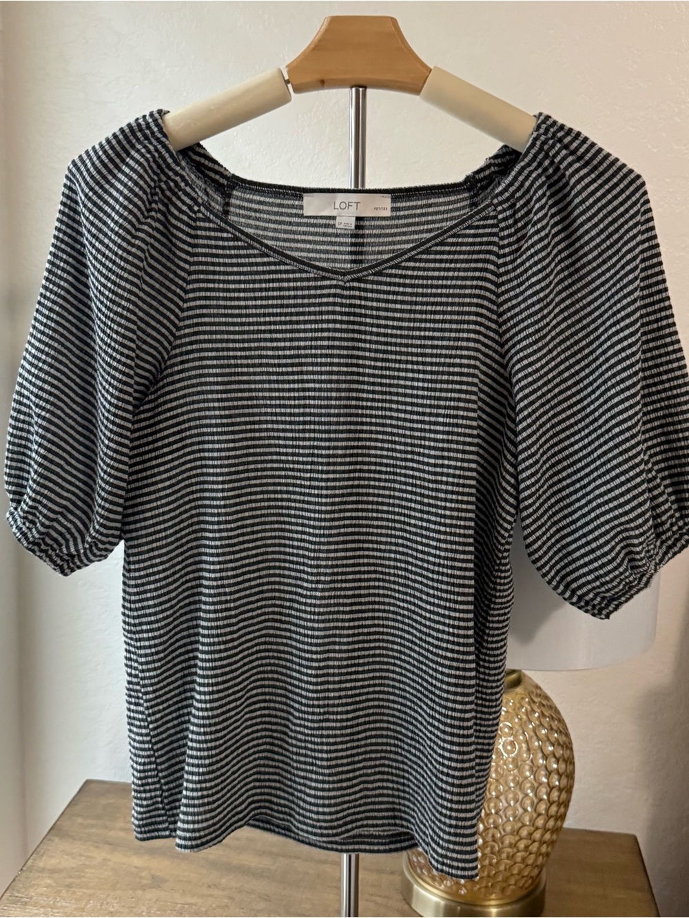 LOFT Black & White Striped Puff Sleeve Top